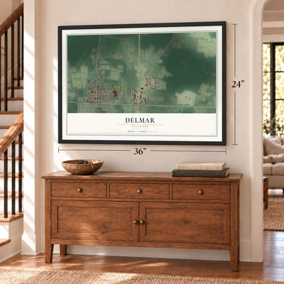 Delmar, Delaware map, 24 x 36 inch print in a black frame above a dresser by a staircase