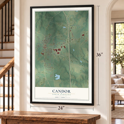 Candor, North Carolina map, 24 x 36 inch print in a black frame by a staircase