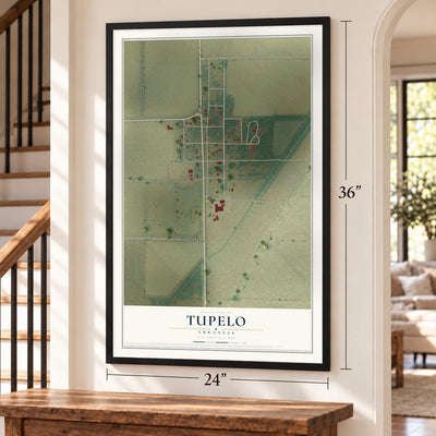 Tupelo, Arkansas map, 24 x 36 inch print in a black frame by a staircase