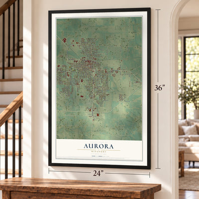 Aurora, Missouri map, 24 x 36 inch print in a black frame by a staircase