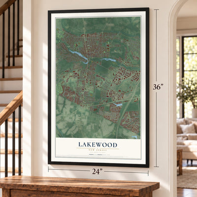 Lakewood, New Jersey map, 24 x 36 inch print in a black frame by a staircase
