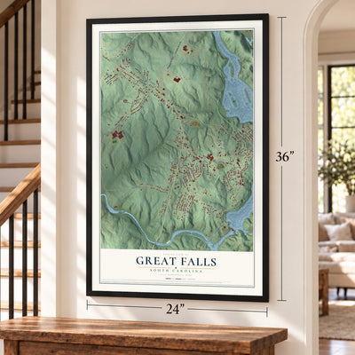Great Falls, South Carolina map, 24 x 36 inch print in a black frame by a staircase