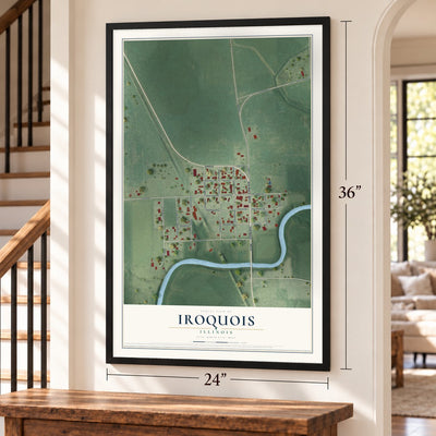 Iroquois, Illinois map, 24 x 36 inch print in a black frame by a staircase