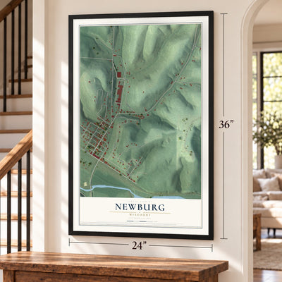 Newburg, Missouri map, 24 x 36 inch print in a black frame by a staircase
