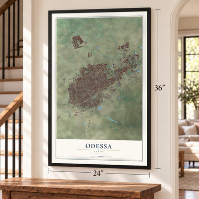 Odessa, Texas map, 24 x 36 inch print in a black frame by a staircase