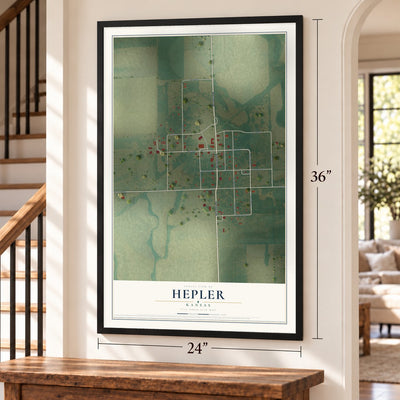 Hepler, Kansas map, 24 x 36 inch print in a black frame by a staircase