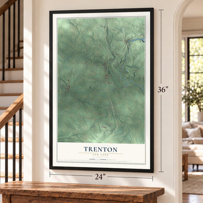Trenton, New York map, 24 x 36 inch print in a black frame by a staircase