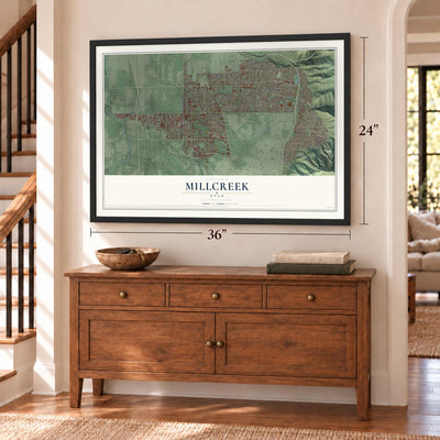 Millcreek, Utah map, 24 x 36 inch print in a black frame above a dresser by a staircase