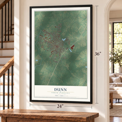 Dunn, North Carolina map, 24 x 36 inch print in a black frame by a staircase