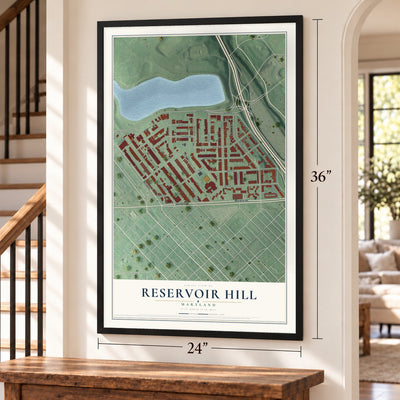 Reservoir Hill, Maryland map, 24 x 36 inch print in a black frame by a staircase