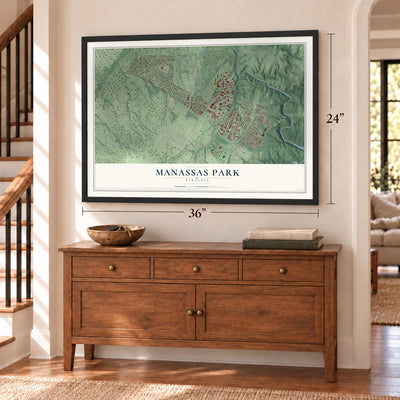 Manassas Park, Virginia map, 24 x 36 inch print in a black frame above a dresser by a staircase