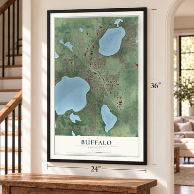 Buffalo, Minnesota map, 24 x 36 inch print in a black frame by a staircase