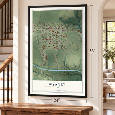 Wyanet, Illinois map, 24 x 36 inch print in a black frame by a staircase