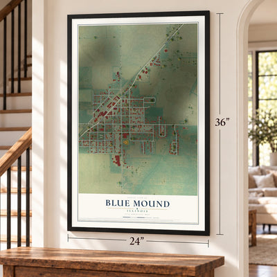 Blue Mound, Illinois map, 24 x 36 inch print in a black frame by a staircase