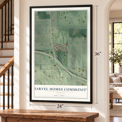 Harvel Homes Community, Georgia map, 24 x 36 inch print in a black frame by a staircase