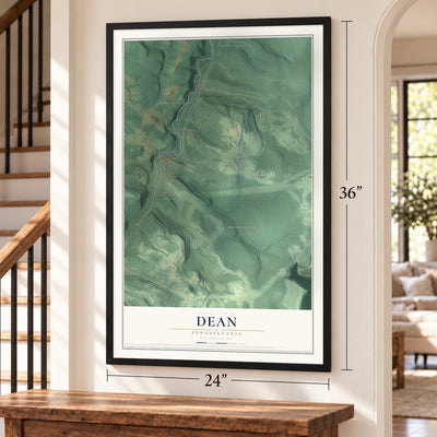 Dean, Pennsylvania map, 24 x 36 inch print in a black frame by a staircase