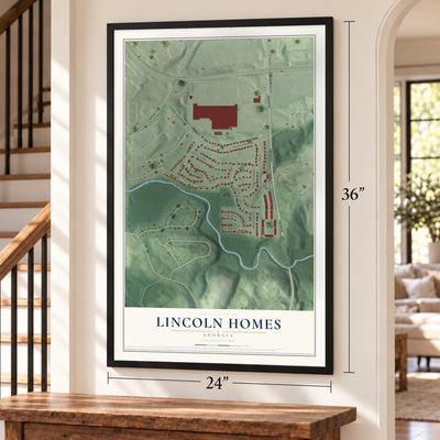 Lincoln Homes, Georgia map, 24 x 36 inch print in a black frame by a staircase