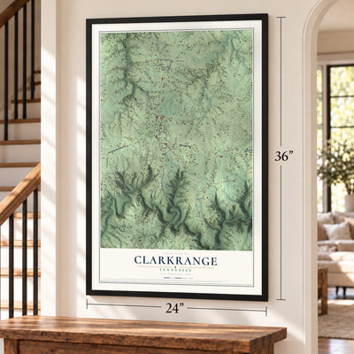 Clarkrange, Tennessee map, 24 x 36 inch print in a black frame by a staircase