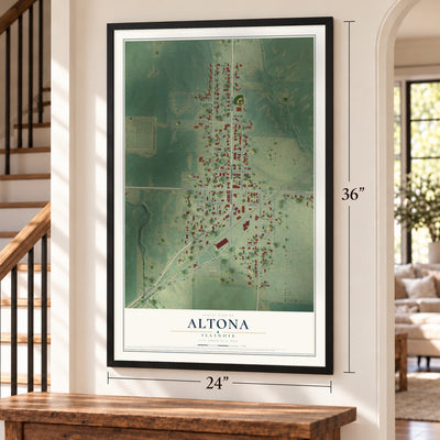 Altona, Illinois map, 24 x 36 inch print in a black frame by a staircase