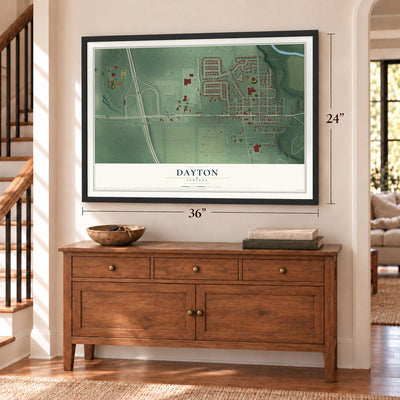 Dayton, Indiana map, 24 x 36 inch print in a black frame above a dresser by a staircase