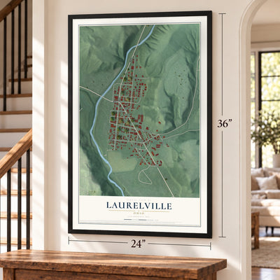 Laurelville, Ohio map, 24 x 36 inch print in a black frame by a staircase