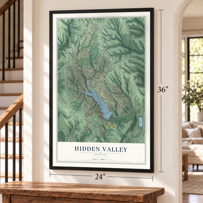 Hidden Valley, Indiana map, 24 x 36 inch print in a black frame by a staircase