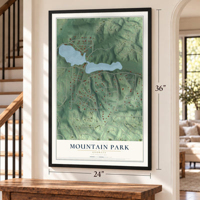 Mountain Park, Georgia map, 24 x 36 inch print in a black frame by a staircase
