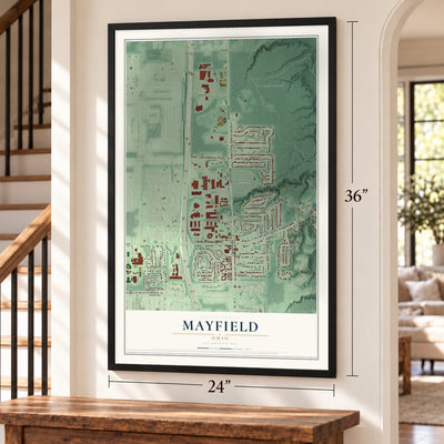 Mayfield, Ohio map, 24 x 36 inch print in a black frame by a staircase