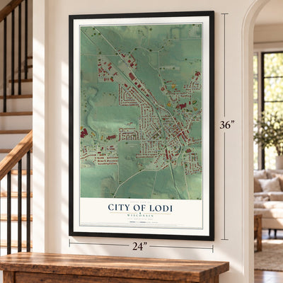 Lodi, Wisconsin map, 24 x 36 inch print in a black frame by a staircase