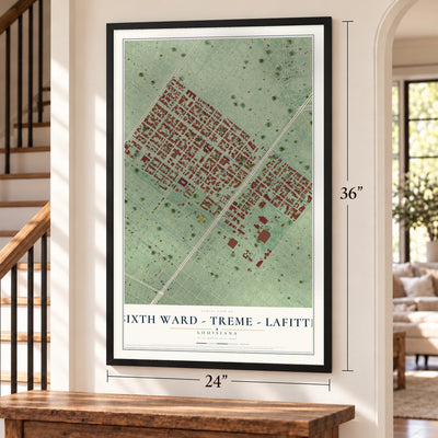 Sixth Ward - Treme - Lafitte, Louisiana map, 24 x 36 inch print in a black frame by a staircase