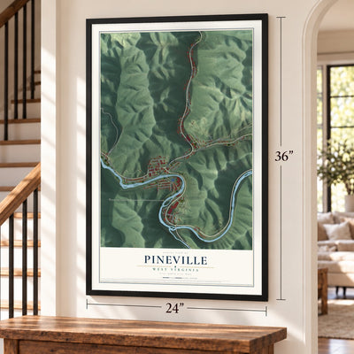 Pineville, West Virginia map, 24 x 36 inch print in a black frame by a staircase
