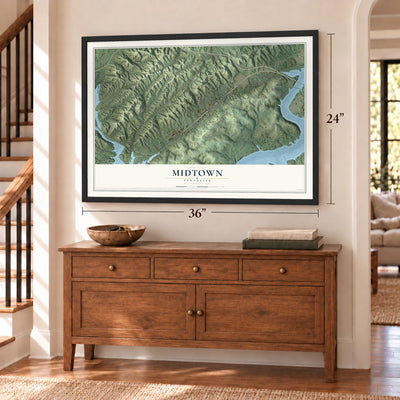 Midtown, Tennessee map, 24 x 36 inch print in a black frame above a dresser by a staircase