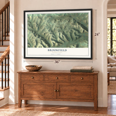 Brookfield, Pennsylvania map, 24 x 36 inch print in a black frame above a dresser by a staircase
