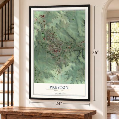 Preston, Minnesota map, 24 x 36 inch print in a black frame by a staircase