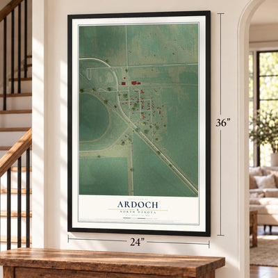 Ardoch, North Dakota map, 24 x 36 inch print in a black frame by a staircase