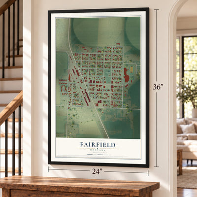 Fairfield, Montana map, 24 x 36 inch print in a black frame by a staircase