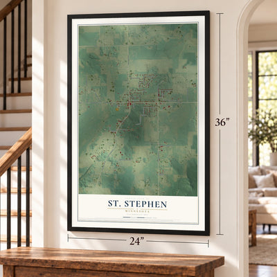 St. Stephen, Minnesota map, 24 x 36 inch print in a black frame by a staircase