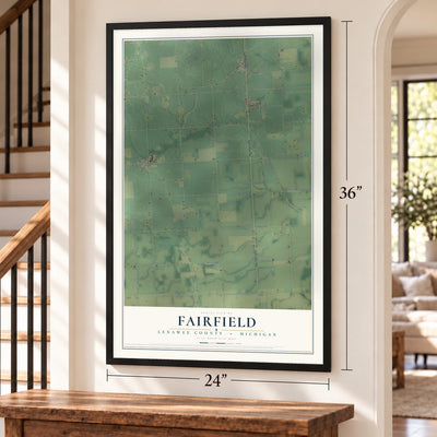 Fairfield, Lenawee County, Michigan map, 24 x 36 inch print in a black frame by a staircase