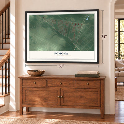 Pomona, New Jersey map, 24 x 36 inch print in a black frame above a dresser by a staircase