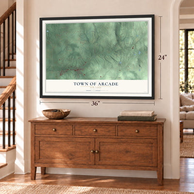 Town of Arcade, New York map, 24 x 36 inch print in a black frame above a dresser by a staircase