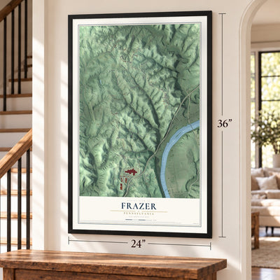 Frazer, Pennsylvania map, 24 x 36 inch print in a black frame by a staircase