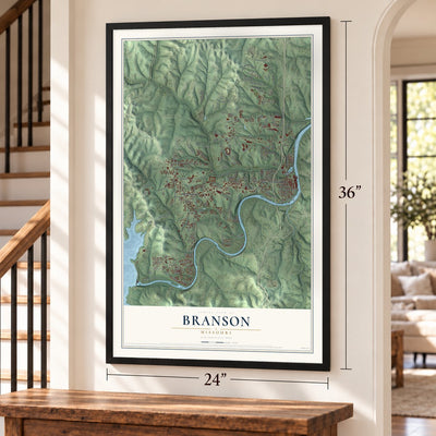 Branson, Missouri map, 24 x 36 inch print in a black frame by a staircase
