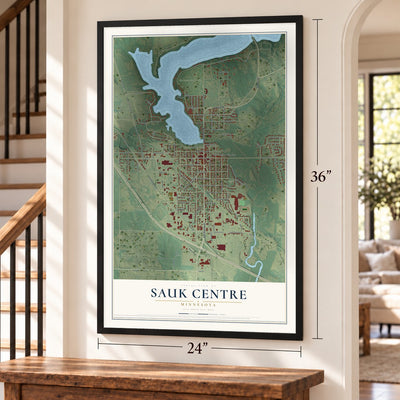 Sauk Centre, Minnesota map, 24 x 36 inch print in a black frame by a staircase
