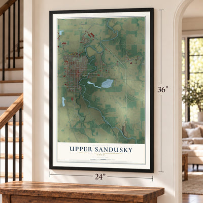 Upper Sandusky, Ohio map, 24 x 36 inch print in a black frame by a staircase