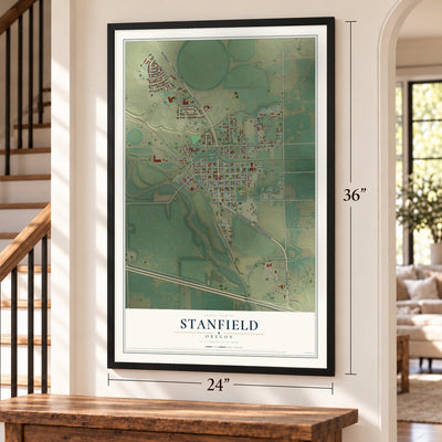 Stanfield, Oregon map, 24 x 36 inch print in a black frame by a staircase