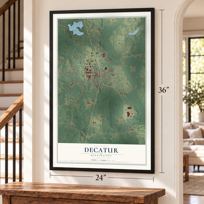 Decatur, Mississippi map, 24 x 36 inch print in a black frame by a staircase