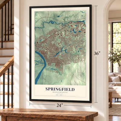 Springfield, Massachusetts map, 24 x 36 inch print in a black frame by a staircase