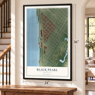 Black Pearl, Louisiana map, 24 x 36 inch print in a black frame by a staircase