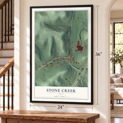 Stone Creek, Ohio map, 24 x 36 inch print in a black frame by a staircase