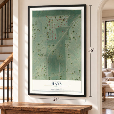 Hays, Texas map, 24 x 36 inch print in a black frame by a staircase